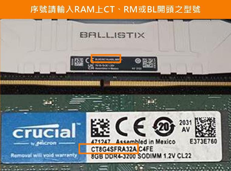 序號請輸入 RAM 上 CT、RM 或 BL 開頭之型號；橘框標示句點前的主型號
